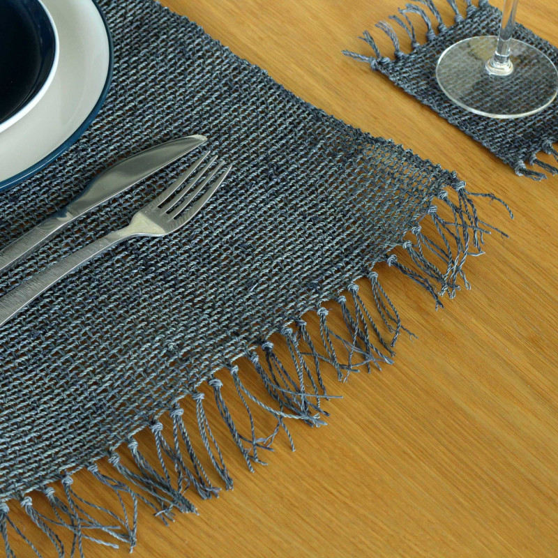 Set de table naturel à franges en jonc de mer - Anthracite