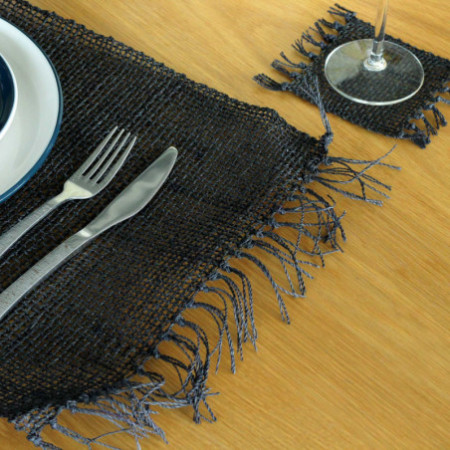 Set de table naturel à franges en jonc de mer - Noir