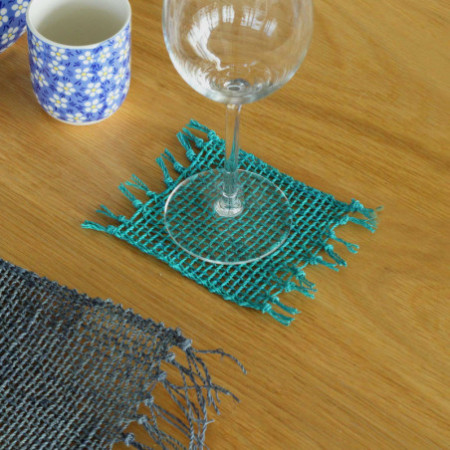 Lot de 4 sous-verres naturels à franges en jonc de mer - Turquoise