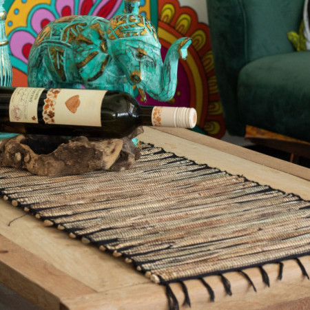 Chemin de table en jacinthe d'eau naturelle - Tigre noir à franges - 150 cm