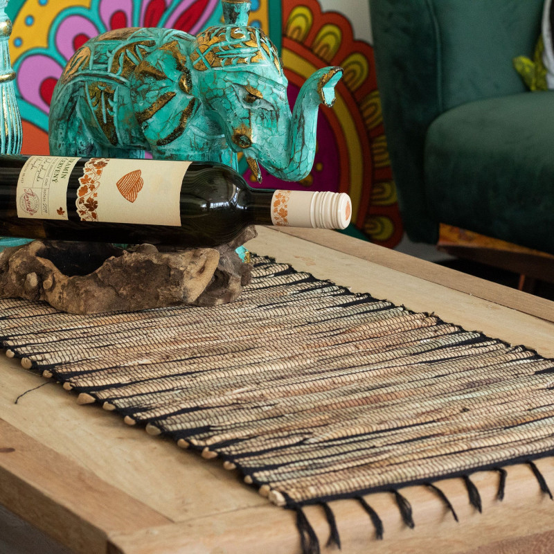 Chemin de table en jacinthe d'eau naturelle - Tigre noir à franges - 150 cm