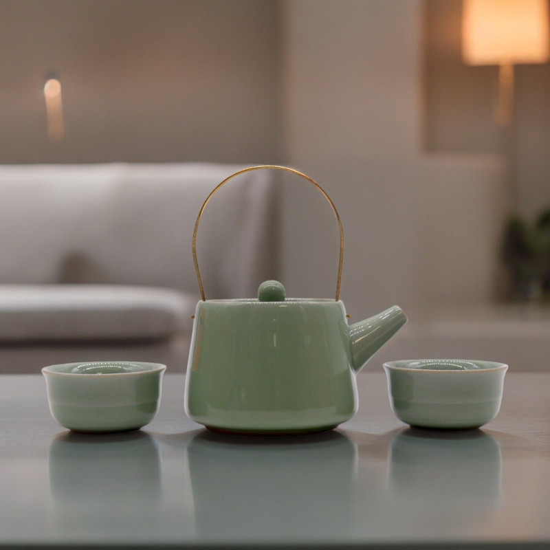 Ensemble théière en jade aux herbes - théière et deux tasses