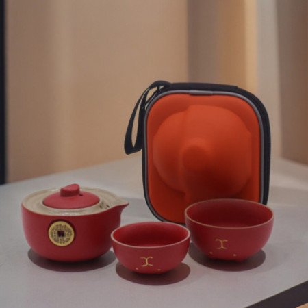 Ensemble théière Money Cat - Deux tasses - Pack voyage - Rouge
