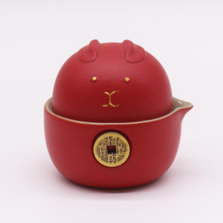 Ensemble théière Money Cat - Deux tasses - Pack voyage - Rouge