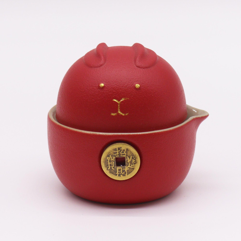 Ensemble théière Money Cat - Deux tasses - Pack voyage - Rouge