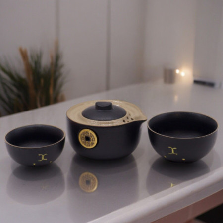Ensemble théière Money Cat - Deux tasses - Pack voyage - Noir