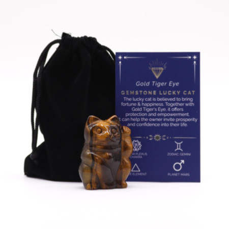 Chat porte-bonheur en pierre précieuse - œil de tigre doré 50 x 35 x 25 mm