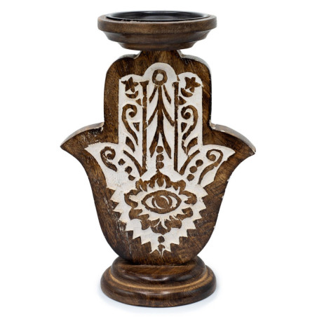 Bougeoir en bois de manguier - Hamsa - Grand 25x18cm