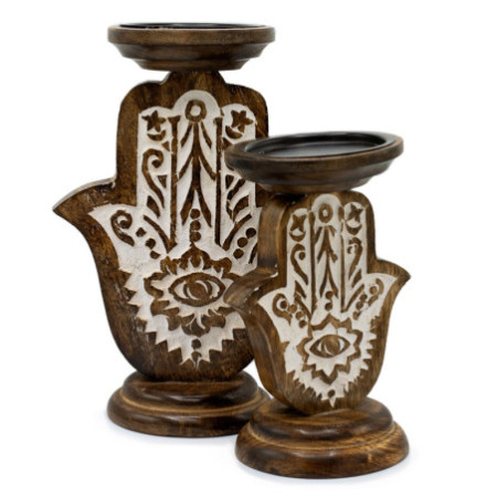 Bougeoir en bois de manguier - Hamsa - Grand 25x18cm
