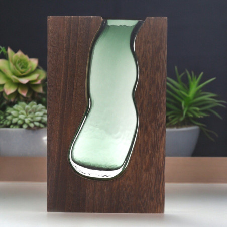 Vase en verre / Terrarium en bois de tung foncé - 14,5 x 5 x 23 cm