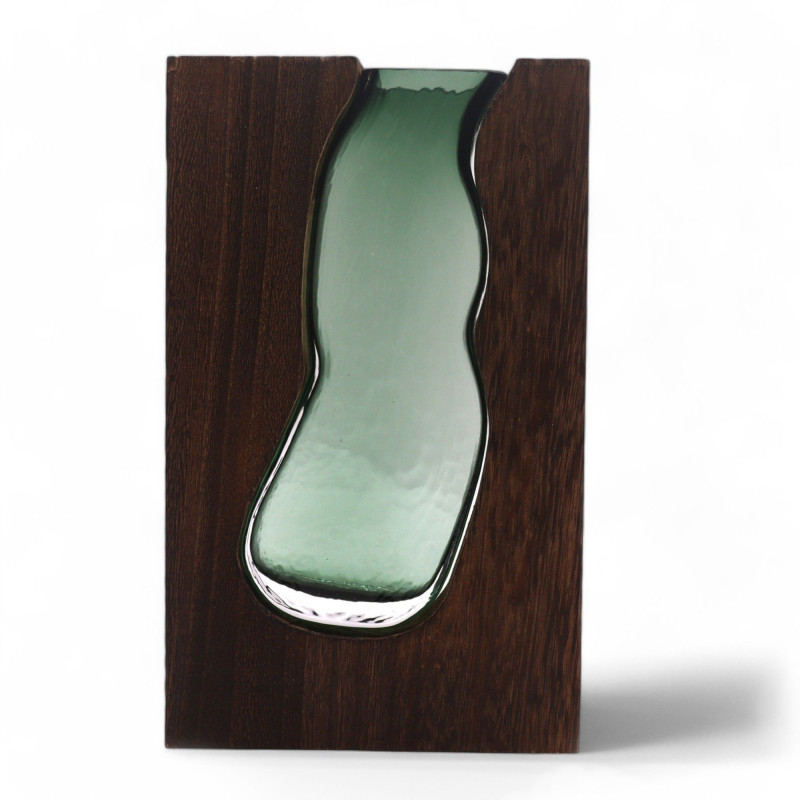 Vase en verre / Terrarium en bois de tung foncé - 14,5 x 5 x 23 cm