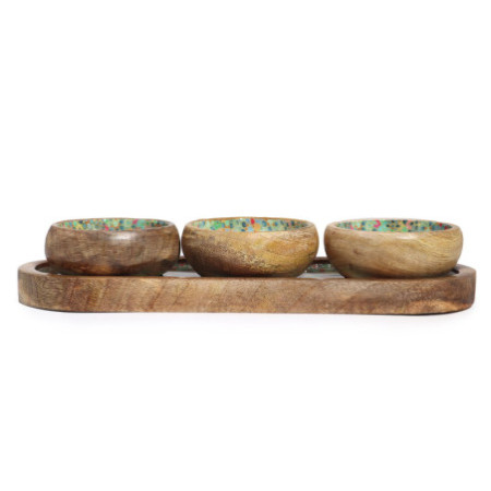 Plateau en bois de manguier avec 3 bols - Motif carreaux méditerranéens