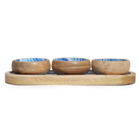 Plateau en bois de manguier avec 3 bols - Rayures bleues