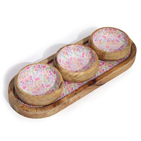 Plateau en bois de manguier avec 3 bols - Joli motif floral