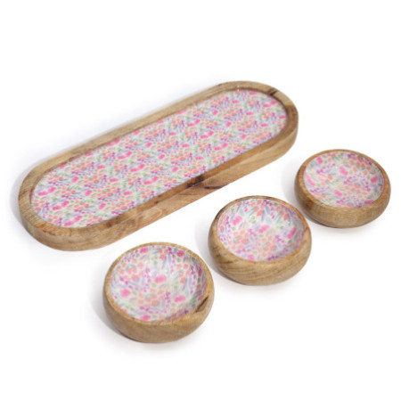 Plateau en bois de manguier avec 3 bols - Joli motif floral