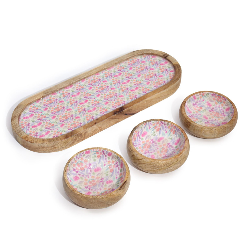 Plateau en bois de manguier avec 3 bols - Joli motif floral