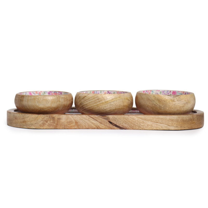 Plateau en bois de manguier avec 3 bols - Joli motif floral
