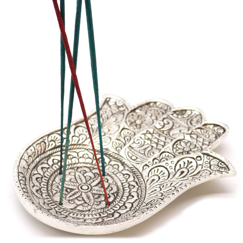Porte-encens Hamsa en aluminium poli, grand format, 18 x 13 cm