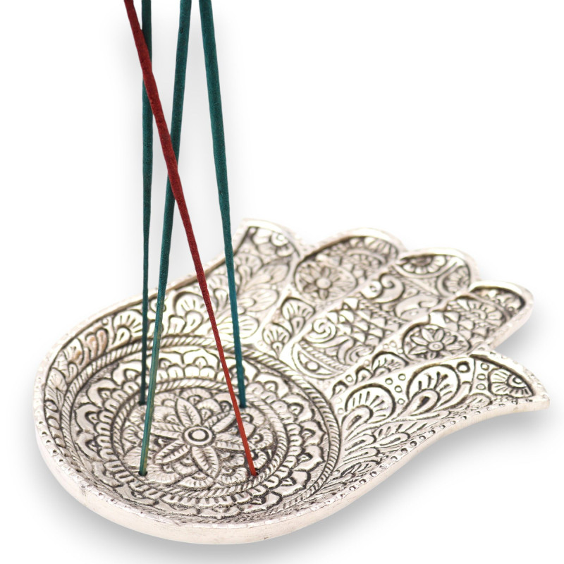 Porte-encens Hamsa en aluminium poli, grand format, 18 x 13 cm