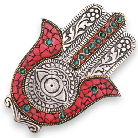 Petit porte-encens Hamsa rouge et vert 13 x 5,5 cm