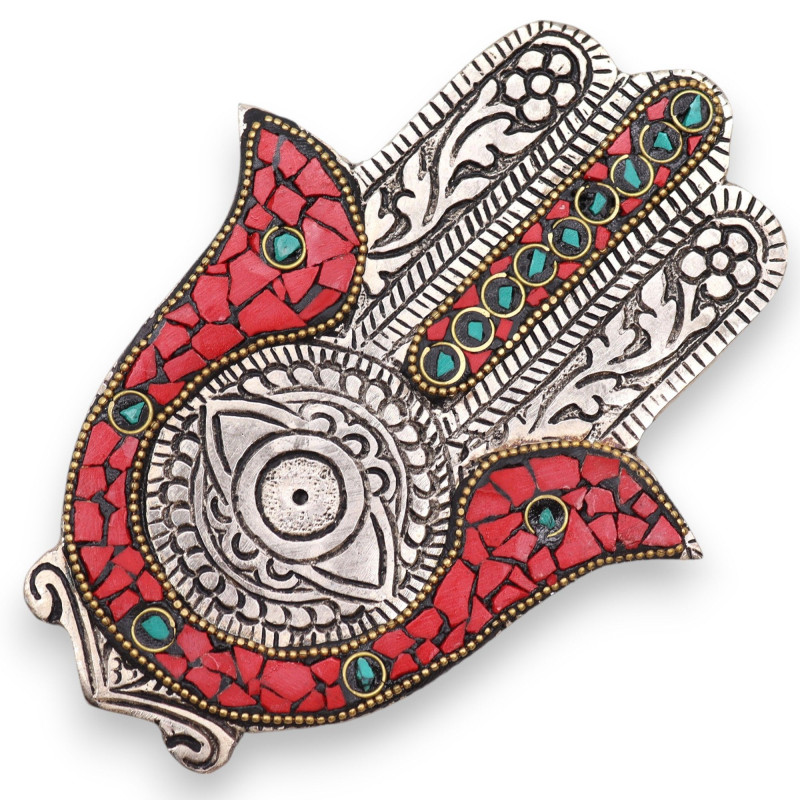 Petit porte-encens Hamsa rouge et vert 13 x 5,5 cm