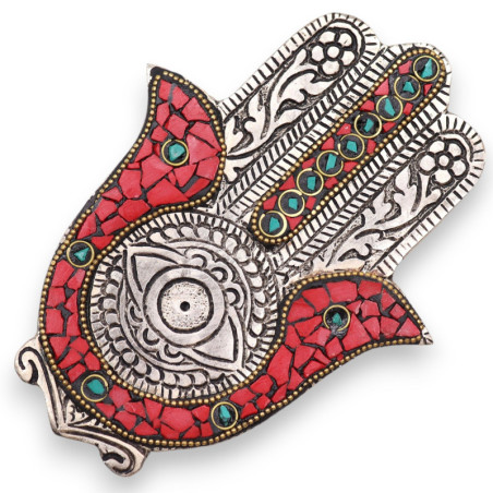 Petit porte-encens Hamsa rouge et vert 13 x 5,5 cm
