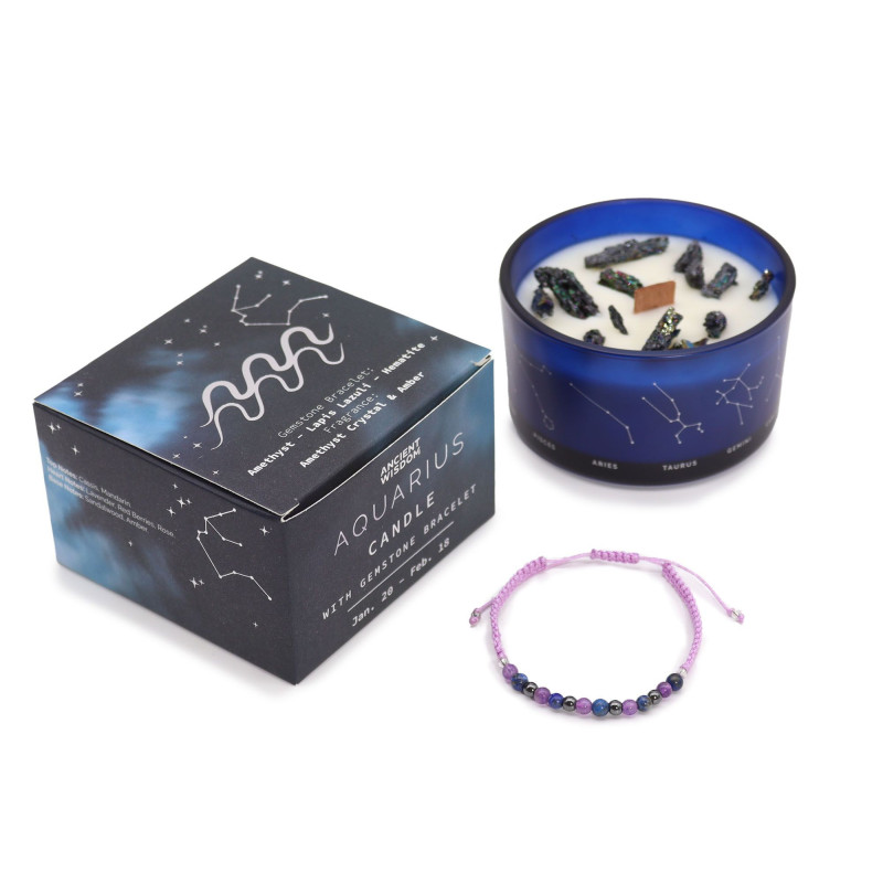 Bougie en cristal du zodiaque avec bracelet en pierres précieuses - Verseau