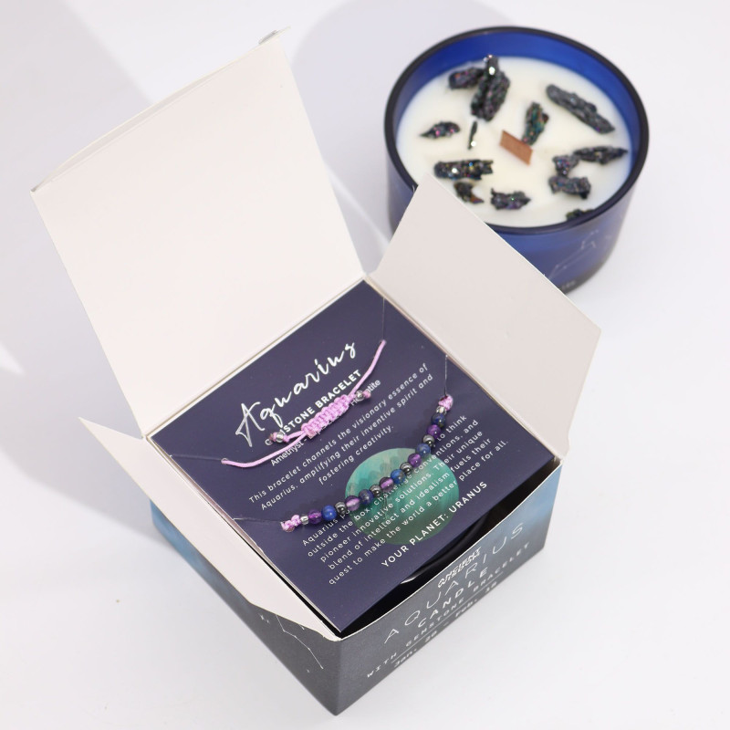 Bougie en cristal du zodiaque avec bracelet en pierres précieuses - Verseau