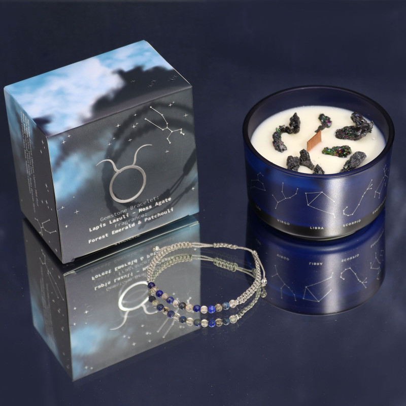 Bougie en cristal du zodiaque avec bracelet en pierres précieuses - Taureau