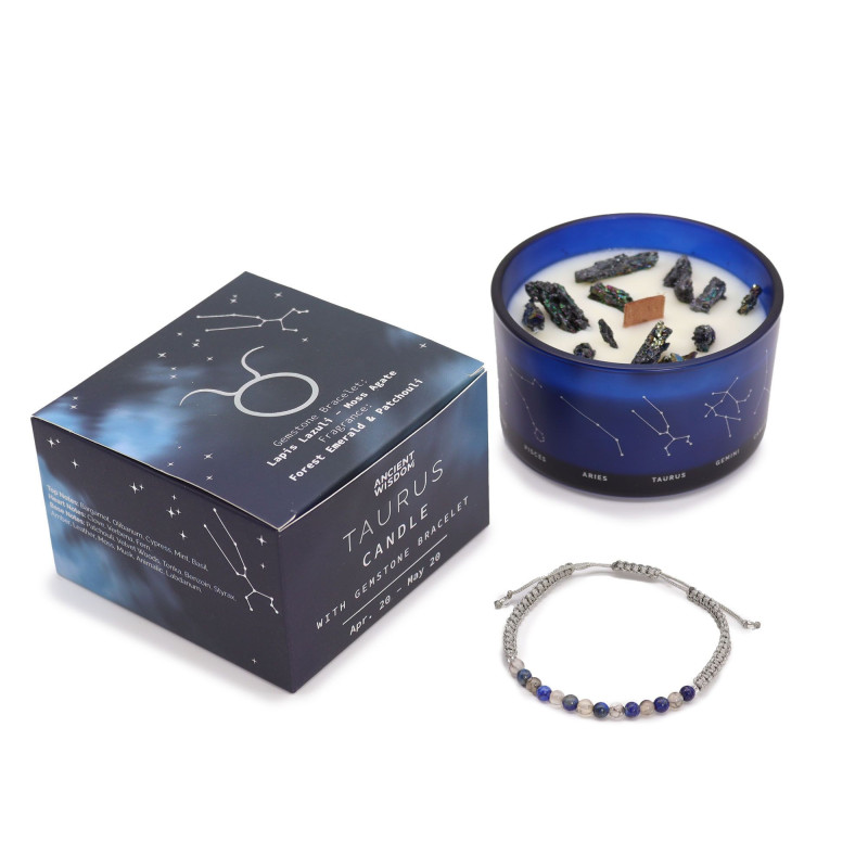Bougie en cristal du zodiaque avec bracelet en pierres précieuses - Taureau