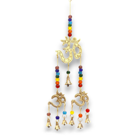 Carillons indiens - Om en laiton avec perles de chakra - 7 cloches - 9,5 x 32 cm