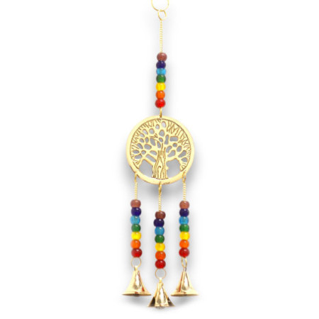 Carillons indiens - Arbre de vie en laiton avec perles de chakra - 3 cloches - 6,5 x 31 cm