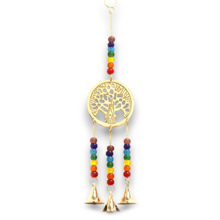 Carillons indiens - Arbre de vie en laiton avec perles de chakra - 3 cloches - 6,5 x 31 cm