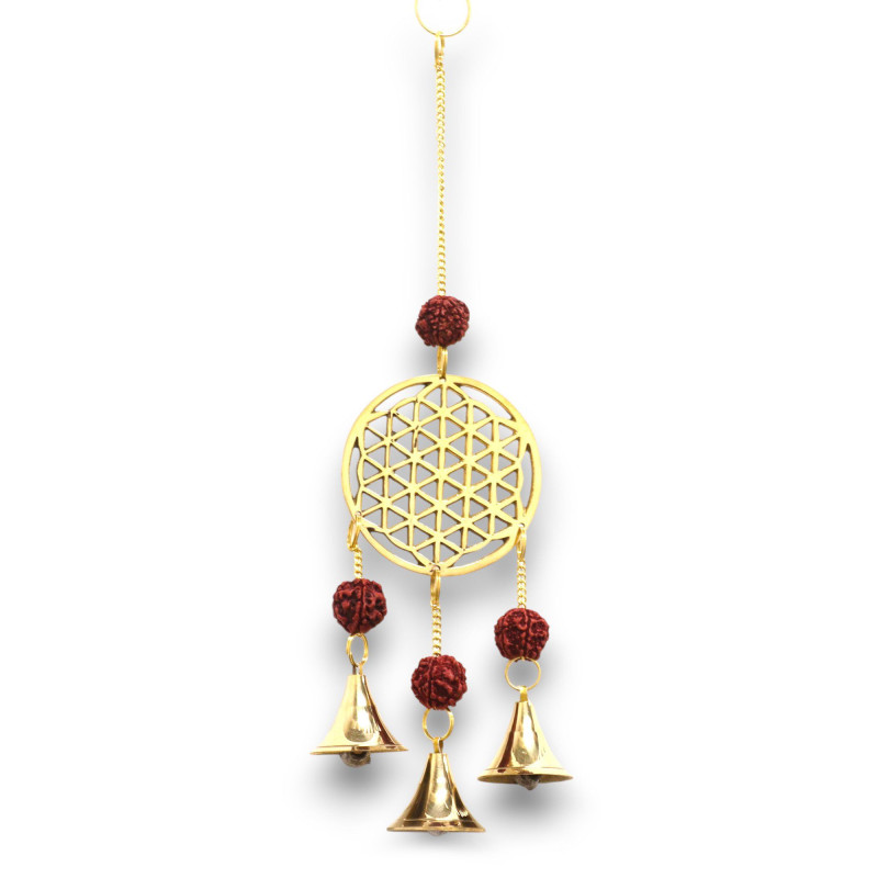 Carillons indiens - Fleur de vie en laiton avec perles Rudraksha - 3 cloches - 6 x 27 cm