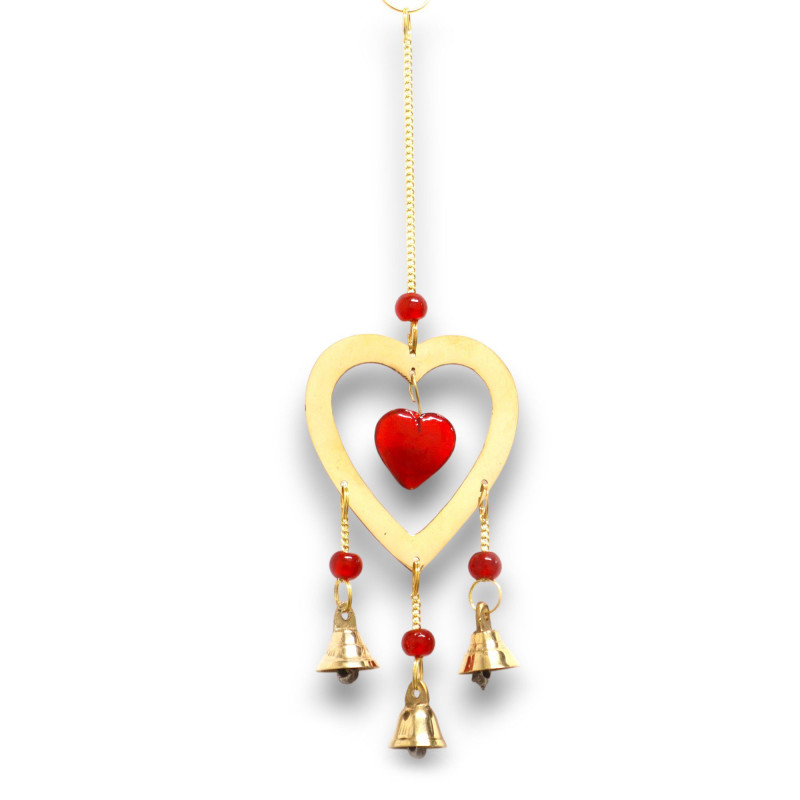 Carillons indiens - Laiton avec perles en verre rubis en forme de cœur - 3 cloches - 6,5 x 24 cm