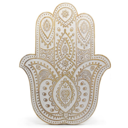 Plaque murale Hamsa en bois de manguier - Blanchi à la chaux 52 cm