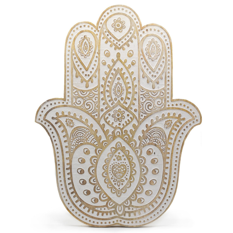 Plaque murale Hamsa en bois de manguier - Blanchi à la chaux 52 cm