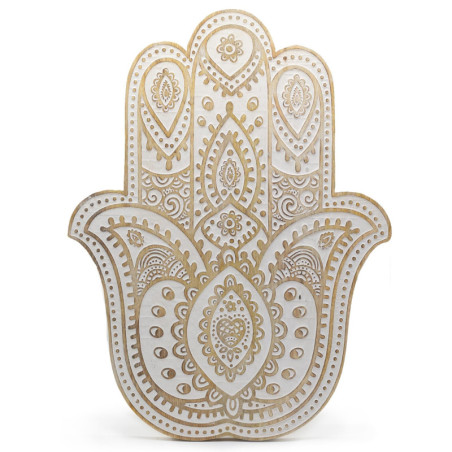 Plaque murale Hamsa en bois de manguier - Blanchi à la chaux 52 cm