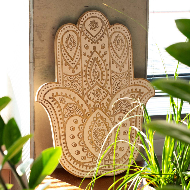 Plaque murale Hamsa en bois de manguier - Blanchi à la chaux 52 cm