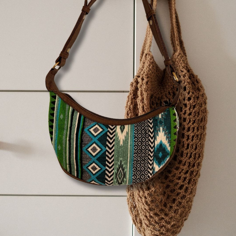 Sac hobo Jacquard - Verts audacieux (bandoulière marron)