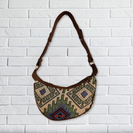 Sac Hobo Jacquard - Geo-Geen (sangle marron)