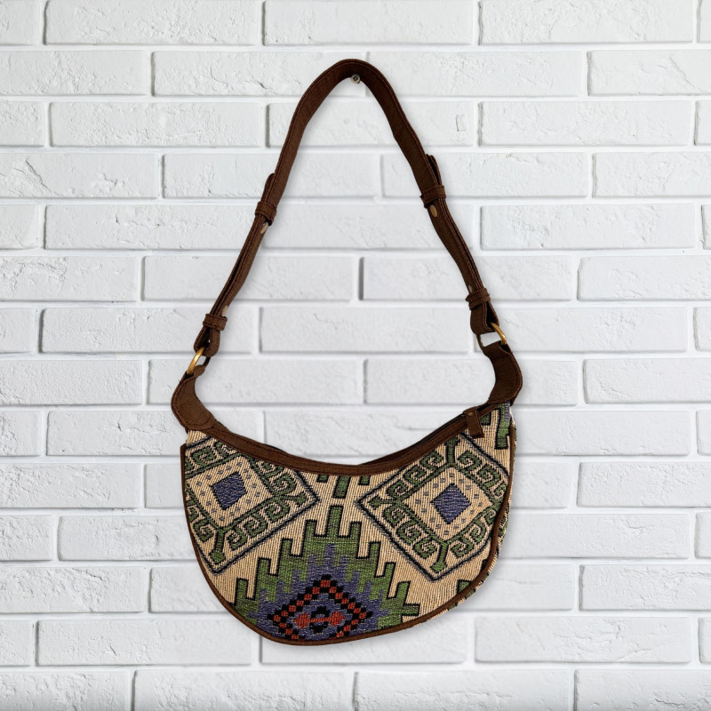 Sac Hobo Jacquard - Geo-Geen (sangle marron)
