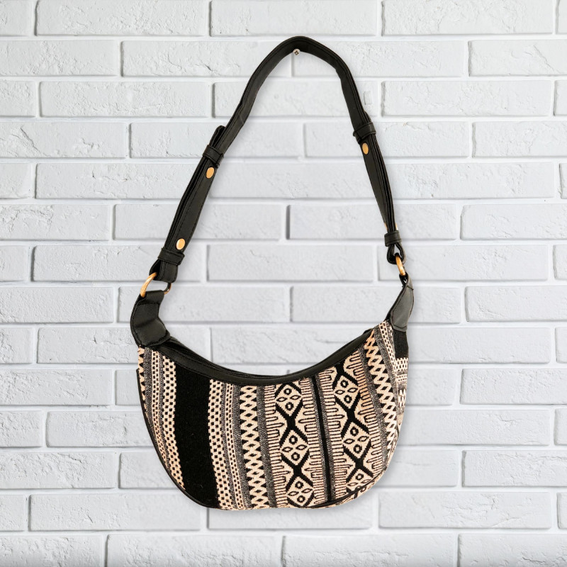 Sac Hobo Jacquard - Gris Métro (bandoulière noire)