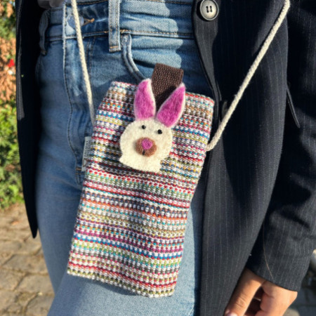 Sacoche pour téléphone portable à rayures roses - décor lapin