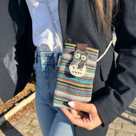 Sacoche pour téléphone à rayures multicolores et blanches - Décor hibou