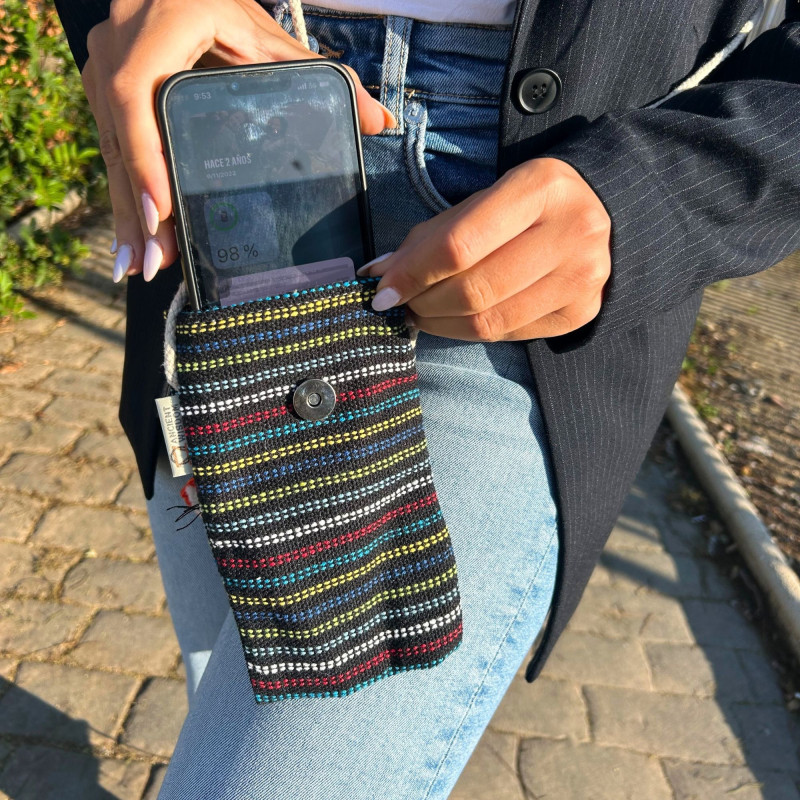Sacoche pour téléphone noir et multicolore - Décor renard
