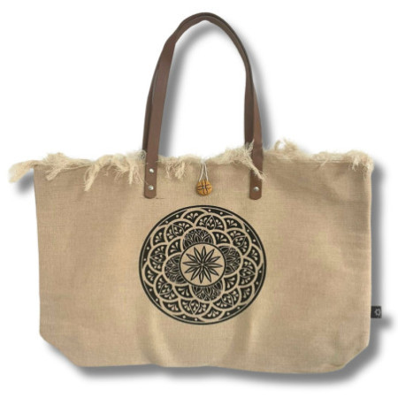 Sac fourre-tout naturel avec anse en cuir - Mandala