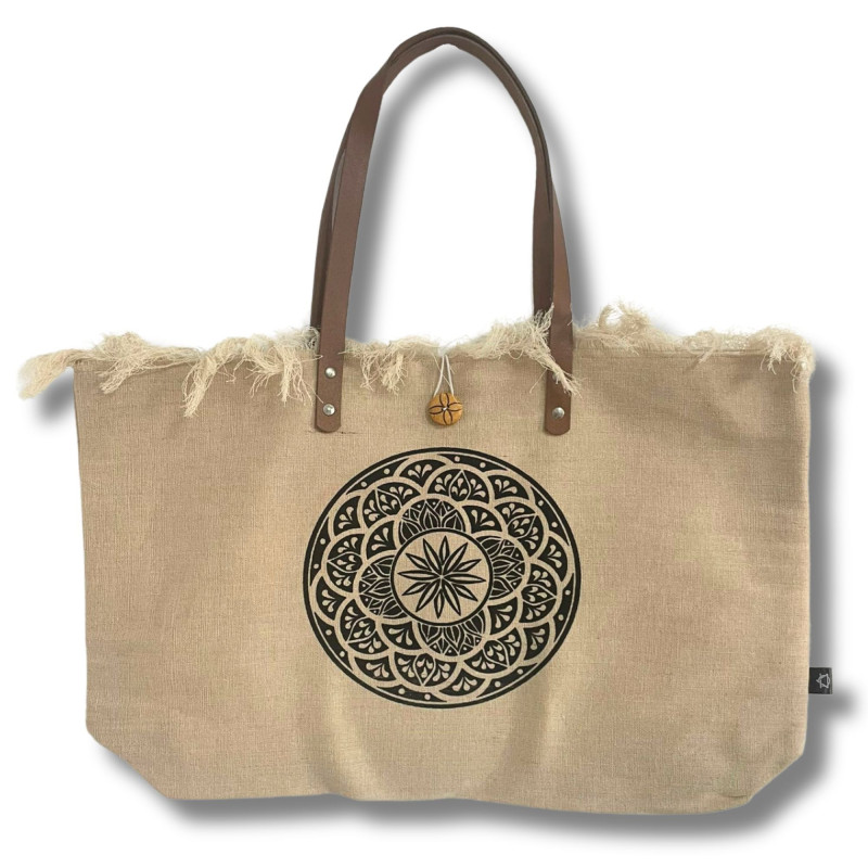 Sac fourre-tout naturel avec anse en cuir - Mandala
