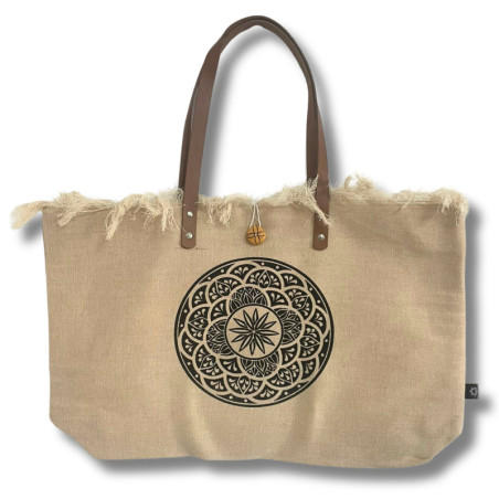 Sac fourre-tout naturel avec anse en cuir - Mandala
