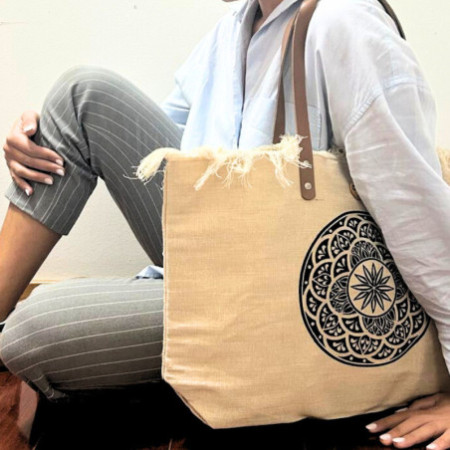 Sac fourre-tout naturel avec anse en cuir - Mandala